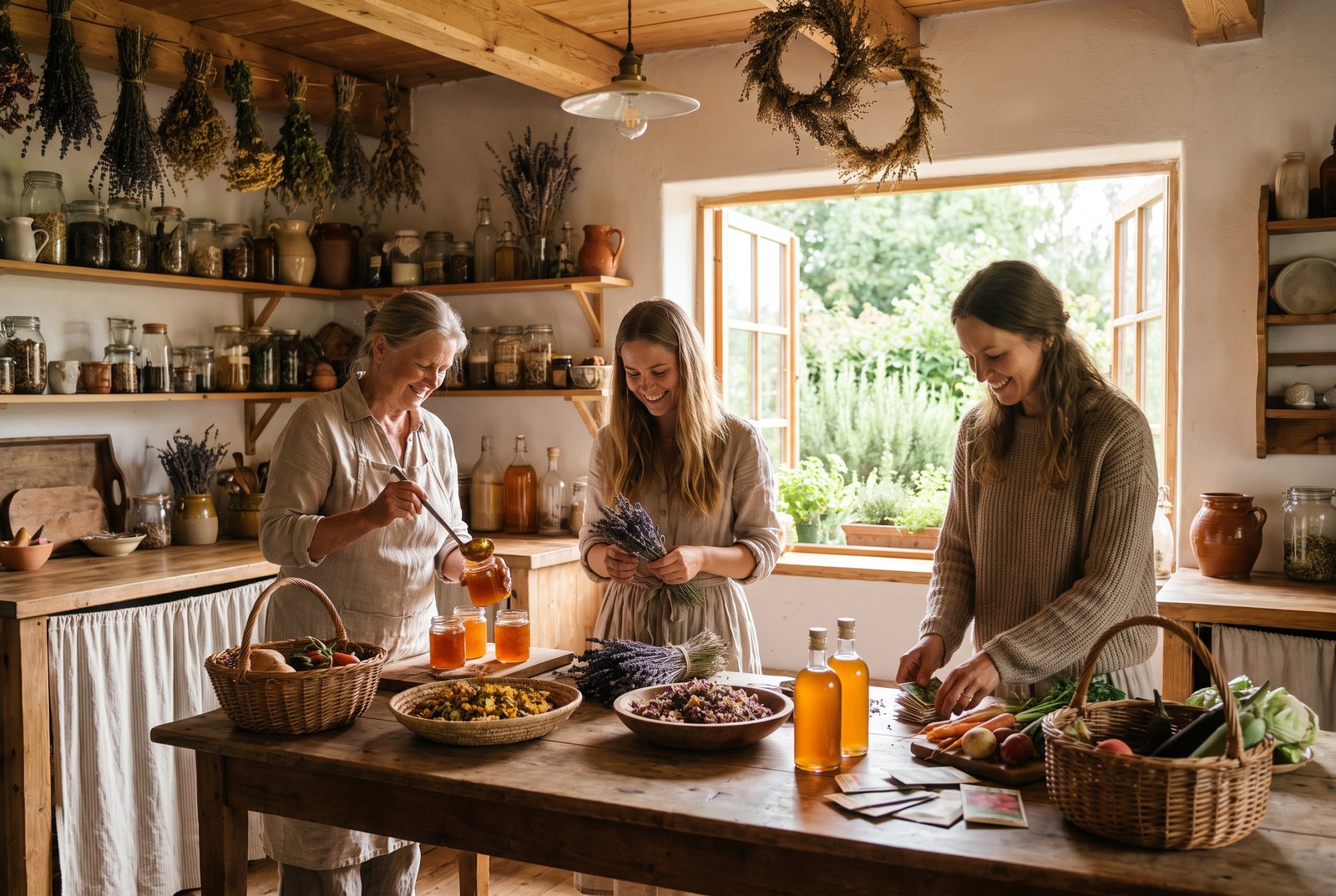 Women in a sunlit workshop making herbal remedies, preserves and goods from the garden